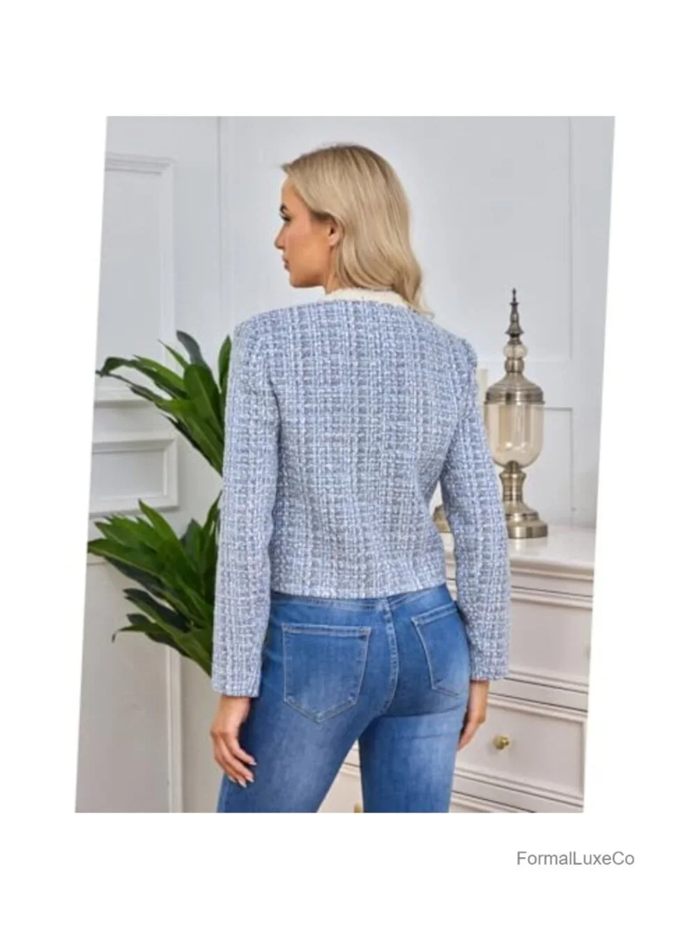Women's Tweed Cropped Blazer Long Sleeve Crewneck Open Front Lace Trim Plaid
